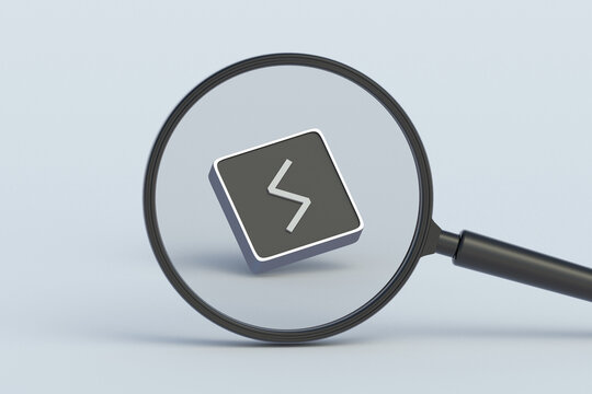 Sowilo rune on button behind magnifying glass. Ancient german alphabet. Mystical symbol. Scandinavian futhark. Occult sign. Old norse letter. 3d render