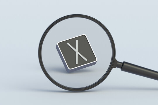 Gebo rune on button behind magnifying glass. Ancient german alphabet. Mystical symbol. Scandinavian futhark. Occult sign. Old norse letter. 3d render