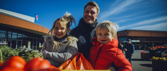 Happy family outdoors together with shopping bags and food