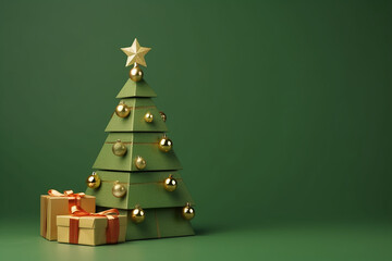 Golden Ribbon Christmas Tree on Olive Background - Created with Generative AI Tools