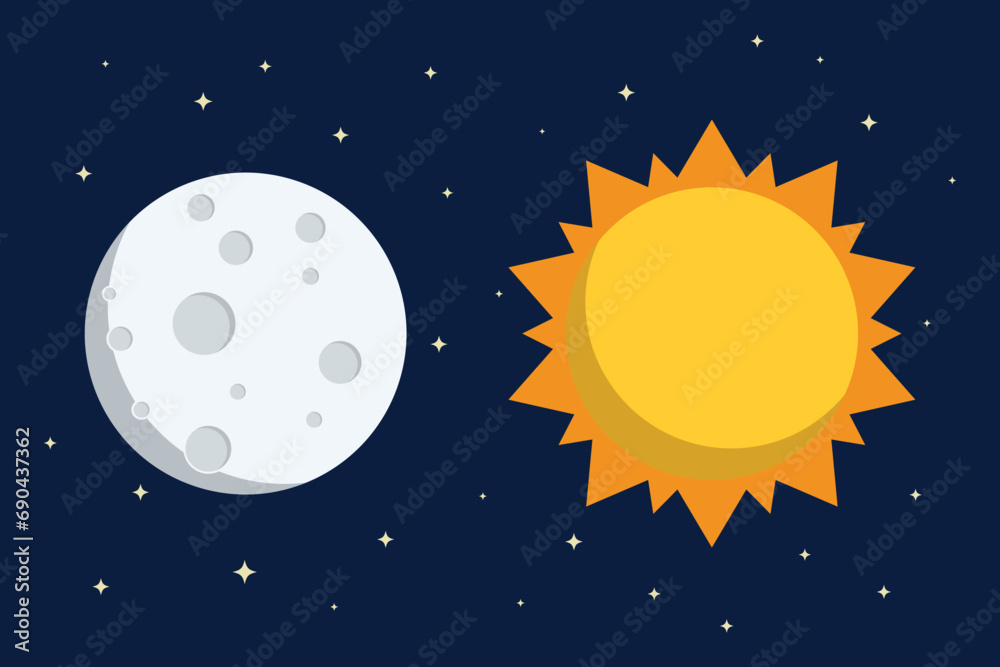 Wall mural sun and full moon flat style design vector illustration on outer space background