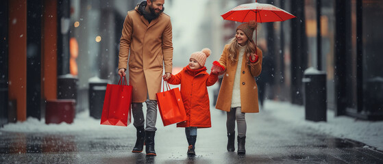 Obraz premium Happy family outdoors together with shopping bags and food