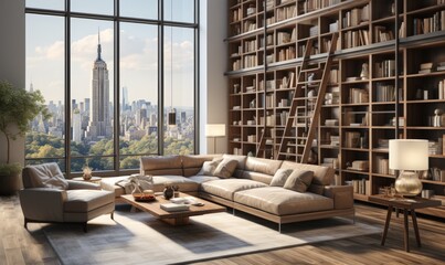Spacious and Bright Living Room with High Ceiling and City Skyline View