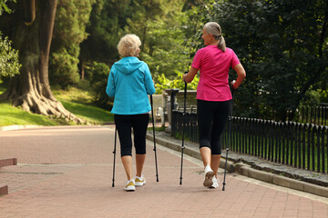 Two senior friends performing Nordic walking outdoors, back view