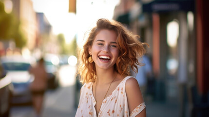 Female portrait. Beautiful young white blonde woman in white sundress smiles widely and looks at camera on street. Concept of summer vacation, weekend, shopping, holiday. Copyspace. Generative AI - obrazy, fototapety, plakaty