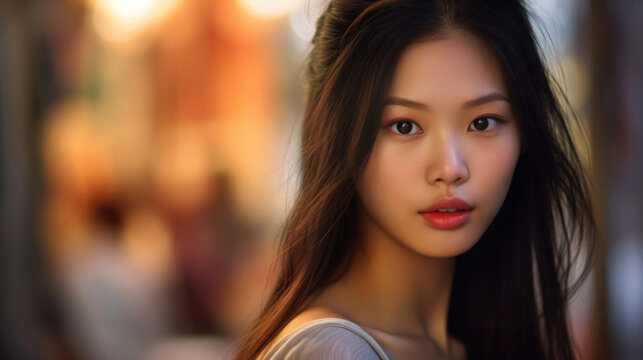 Beautiful young Asian brunette woman with neutral makeup looking at camera during day on street. Blurred bokeh background. Concept of oriental beauty, naturalness. Copyspace for text. Generative AI