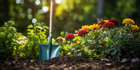 Shovel stands buried in the soil of a vibrant garden, the greenery of plants and flowers in the background
