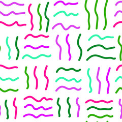 Colorful wavy lines in a dynamic abstract seamless pattern on a white background.