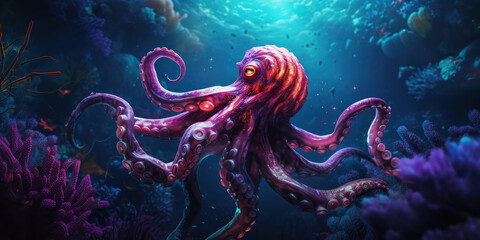 Fototapeta na wymiar The majestic sea creature, draped in a cloak of red and purple, explores the ocean's depths