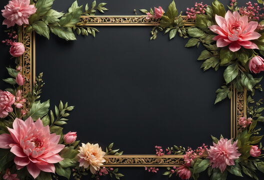 Ai generated frame with beautiful pink flowers and green leaves on a black background. Space for text