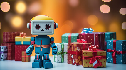 Fototapeta na wymiar Christmas Robot with Wrapped Gifts