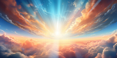 Radiant clouds encircle a brilliant light, forming a portal to the heavens above - obrazy, fototapety, plakaty