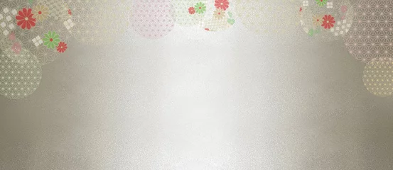 Poster 日本伝統の銀のまだら和紙素材に花柄と和柄のワイド背景素材 © skyhigh.ring
