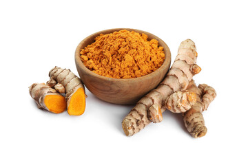 Bowl of aromatic turmeric powder and raw roots isolated on white