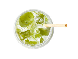 Glass of tasty iced matcha latte isolated on white, top view