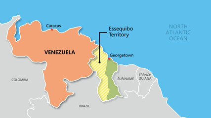 Map illustration of the territorial conflict between Venezuela and Guyana, South America.