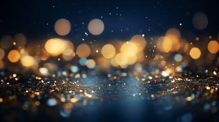 Gold blured circles on a blue background. Bokeh effect
