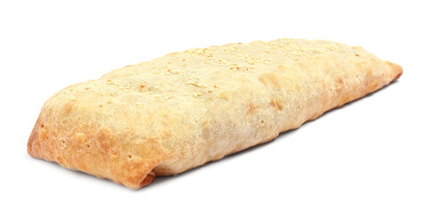 Delicious strudel with tasty filling isolated on white