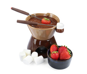 Fondue pot with melted chocolate, strawberries and marshmallows isolated on white