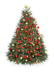 Beautiful Christmas tree decorated with ornaments and garland isolated on white