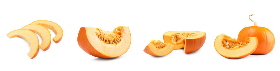 Whole and cut fresh ripe pumpkins isolated on white, set