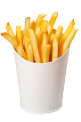 French fries in a white paper cup on transparent background