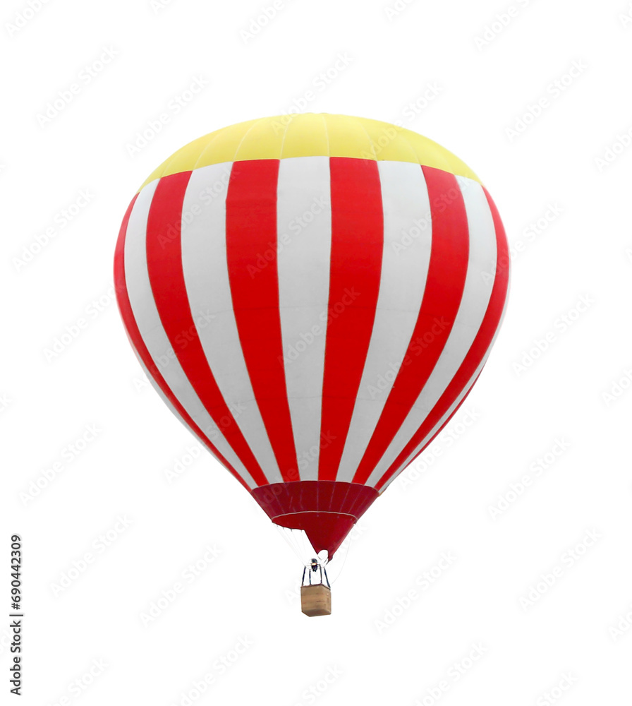 Sticker Bright hot-air balloon with wicker basket on white background