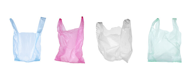 Empty plastic bags on white background, collection