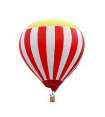 Bright hot-air balloon with wicker basket on white background