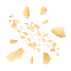 Tasty parmesan cheese in air on white background