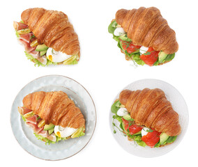 Delicious croissants with different fillings isolated on white, top view