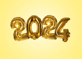 New 2024 Year. Golden number shaped balloons on yellow background