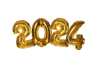 New 2024 Year. Golden number shaped balloons isolated on white