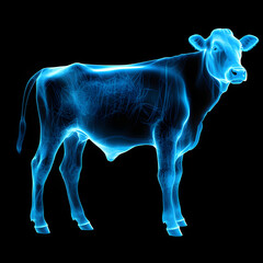 A blue 3D hologram of a cow seen through virtual reality glasses