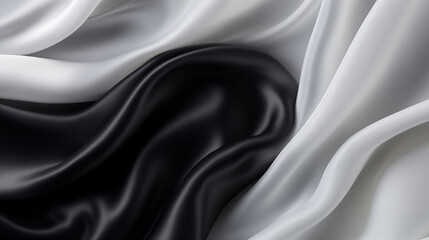 Fototapeta premium Black-white silk satin fabric abstract background. Light shiny glitter shimmer shine. folded cloth appearance. luxury backdrop wallpaper concept