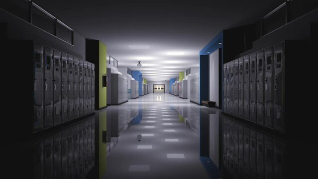 Empty school corridor with lights turning on. 3d rendering. Seamless loop.