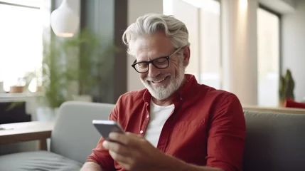 Fotobehang Happy senior male holding smartphone using mobile phone app. Technology, communication, happy adult man with smartphone at home, recreation, communication, sociality, hobbies, adaptation, AI gen. © pinkrabbit