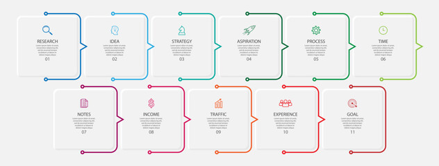 business infographic template. thin line design
with icons, text, number and 11 options or steps.
used for process diagrams, workflow layouts, flowcharts, infographics, 
and your presentations