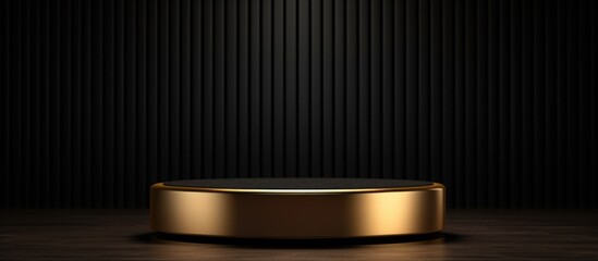 The podium display for the product placement stage is a luxurious round gold shape with a black curtain background