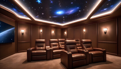 A sci-fi-themed home theater room decked out with starry ceiling lights, sleek leather recliners,...