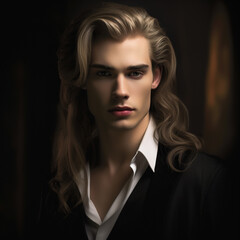 Fototapeta na wymiar Portrait of a handsome young man in black suit. Men's beauty, fashion.