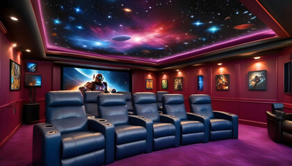A sci-fi-themed home theater room decked out with starry ceiling lights, sleek leather recliners, and a massive screen displaying ai generation