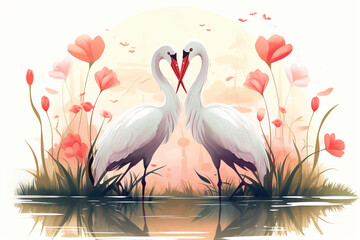 cartoon illustration of a pair of swans loving each other