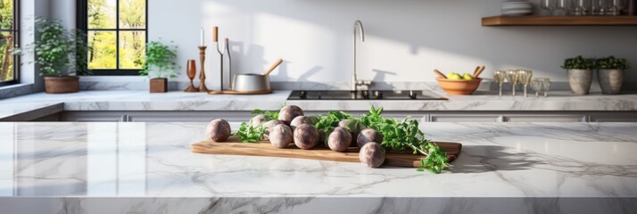 Modern Kitchen with Marble Countertops and a Wooden Cutting Board Generative AI