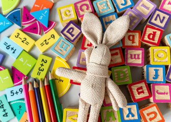 Bunny close up with penculs, fractions, blocks on the table. activities for kids. preschool,...