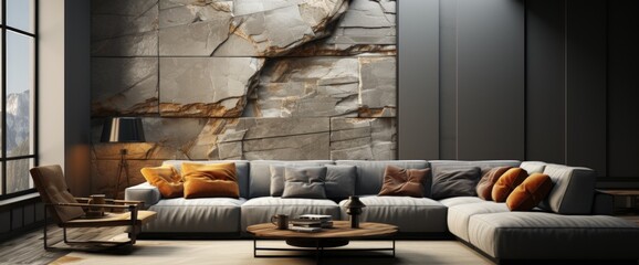 Modern and Spacious Living Room with L-Shaped Grey Sofa and Stone Wall Decoration
