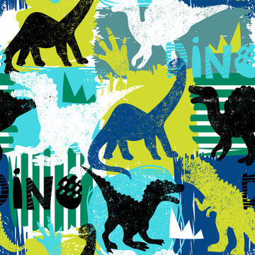 Grunge seamless pattern with dinosaur and graffiti words on blue background. Print for boys