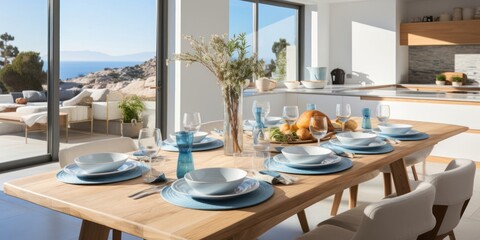 Obraz premium Dining Room Table Set with Plates and Place Settings Generative AI