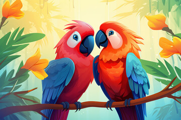 cartoon illustration of a pair of parrots loving each other