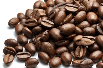 Fototapeta premium Roasted coffee beans isolated on white. coffee beans border isolated on white background. roasted coffee beans close up. 